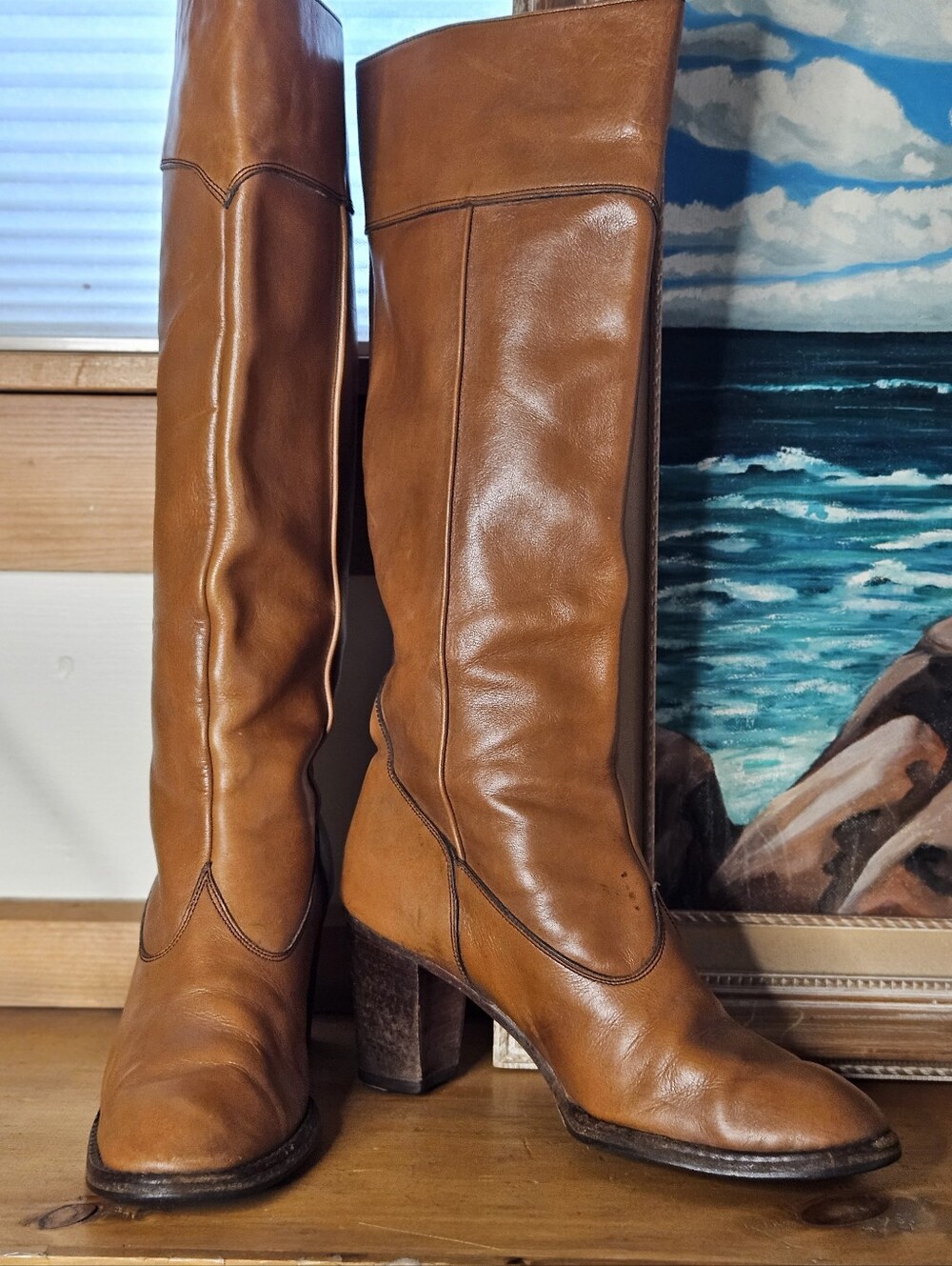70's Italian Cognac Leather Knee High Riding Heeled Boots *flawed* - Picture 3 of 16